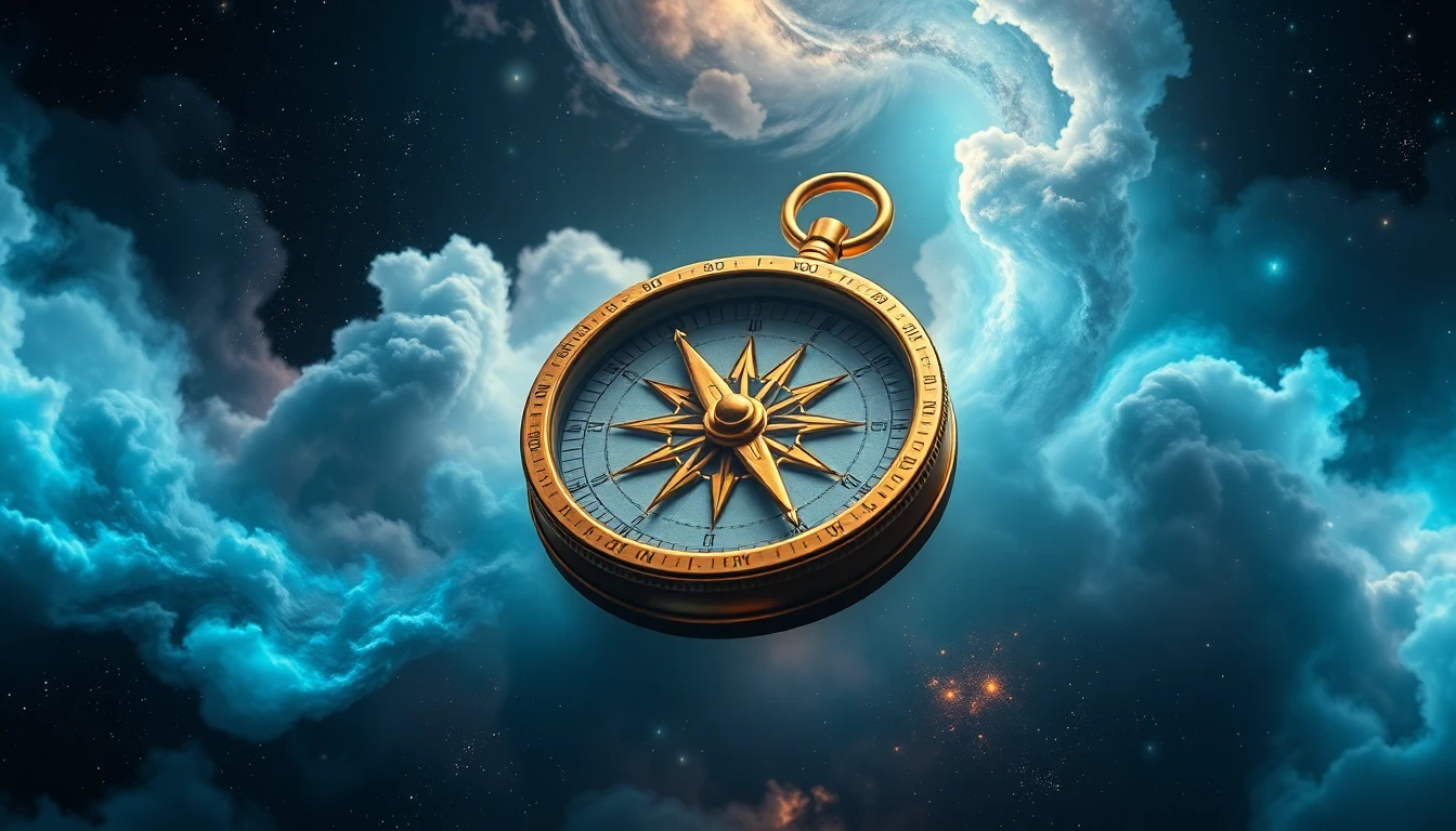 Mystical compass floating in cosmic space